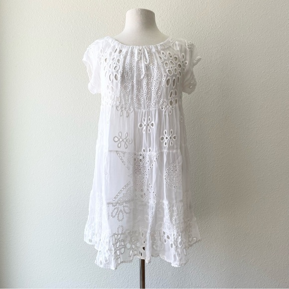 JOHNNY WAS White Eyelet Lace Mini Bay Doll Dress Swim Coverup With Slip Size S - Picture 6 of 11